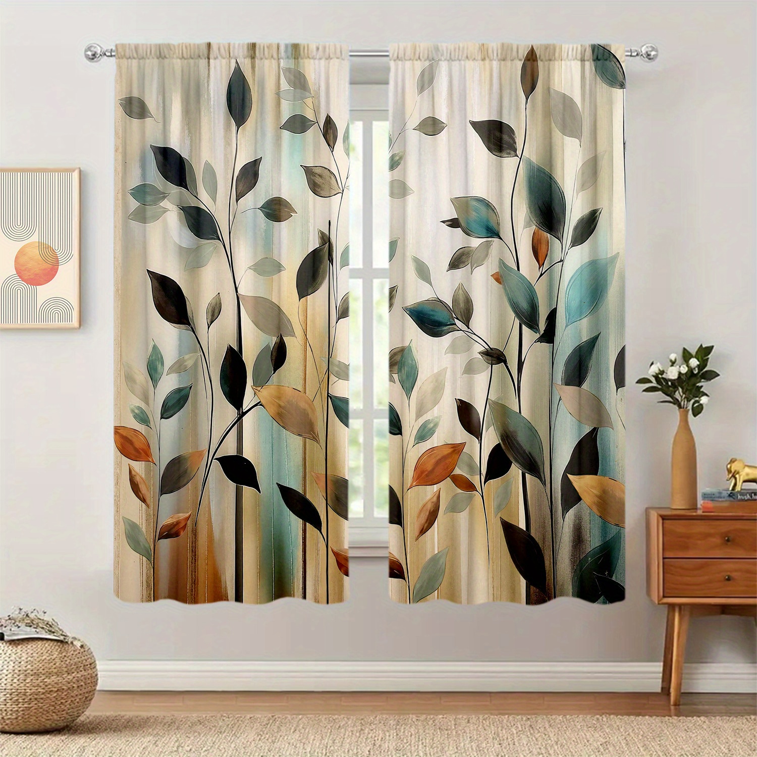 Home Office Room Inspiration - Cortinas con estampado de hojas abstractas