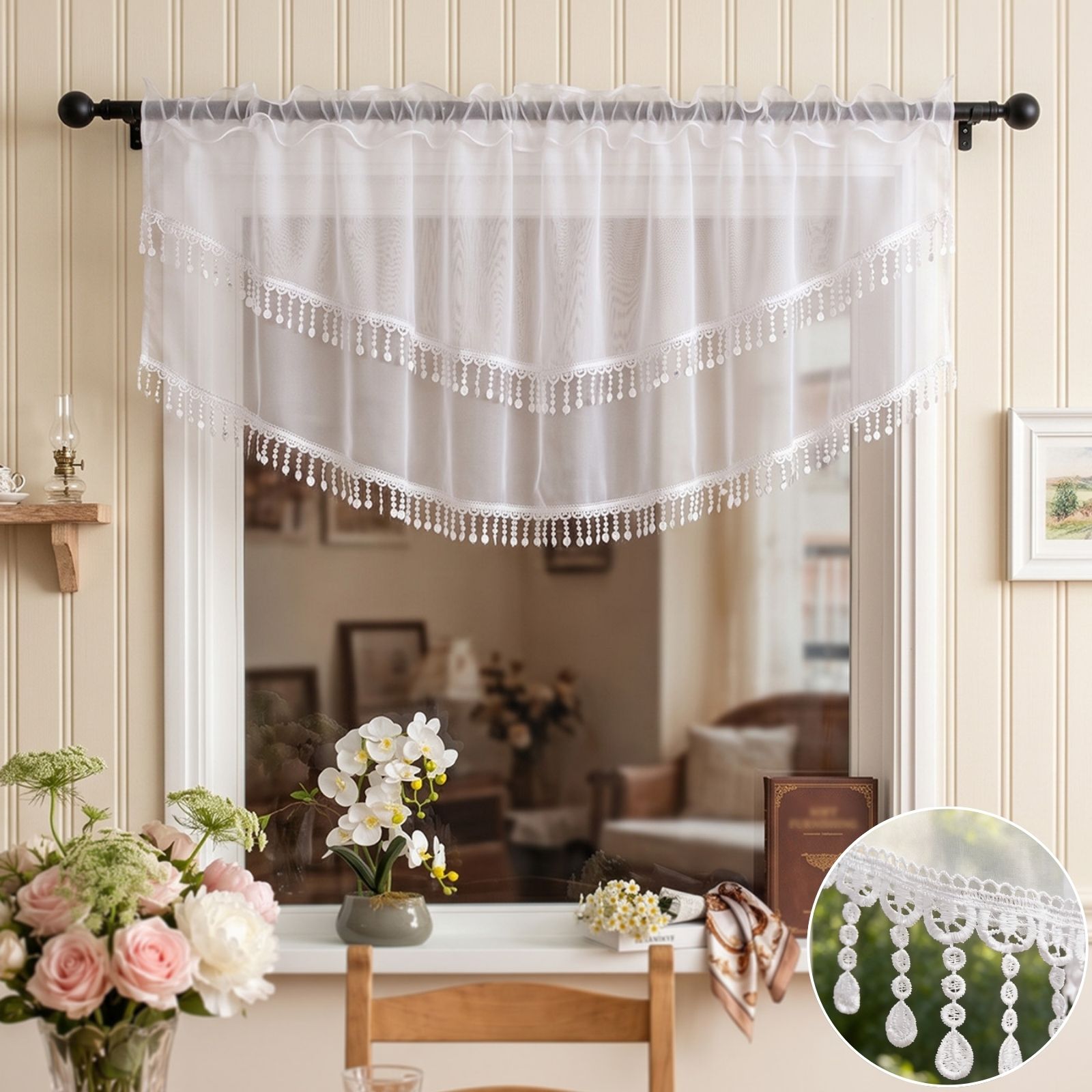 2 Cortinas de Encaje Blanco co - Home Office Kitchen reseña y precio